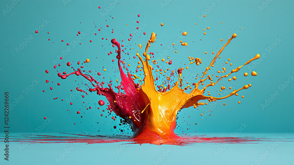 Poster dynamic liquid paint splash creating vibrant colors on blue background, showcasing abstract art conc