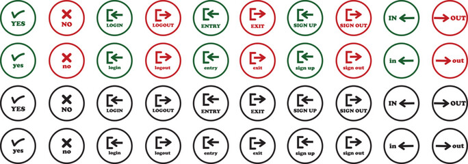 Login and logout icon set Set of sign out, Sign in vector vector collection. Open and close door symbol. Black in, out, exit and enter arrow, trendy flat style isolated on transparent background.
