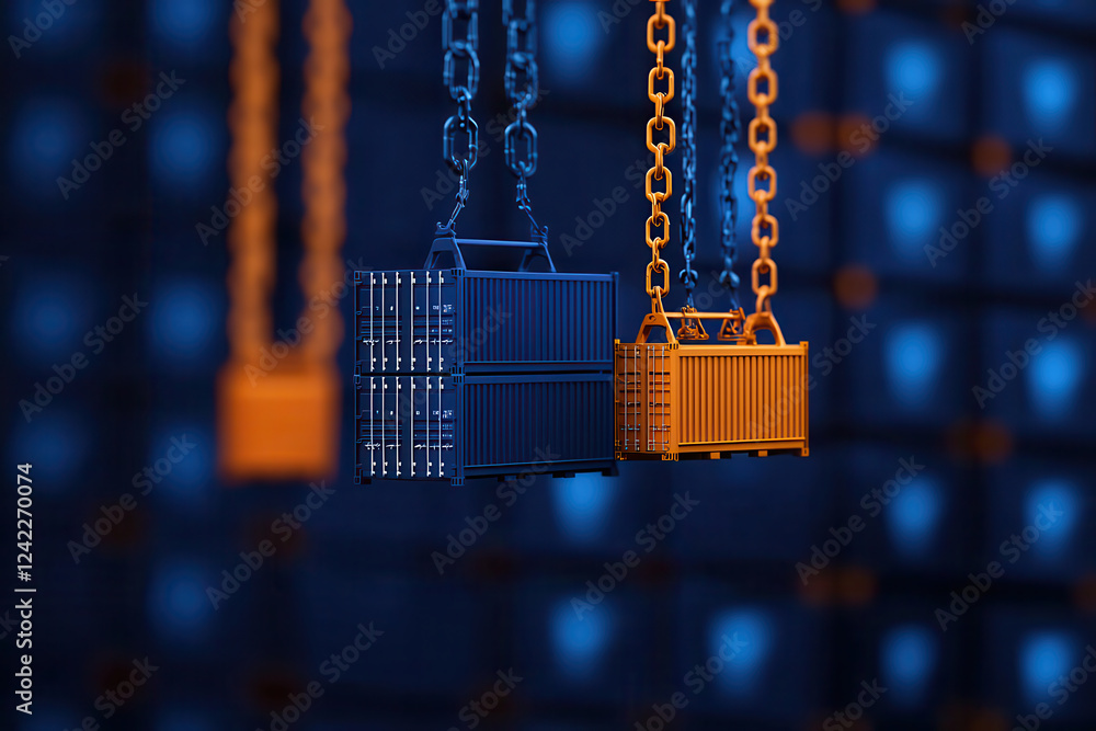 Poster hanging shipping containers in blue and orange colors, suspended by chains, create striking visual a