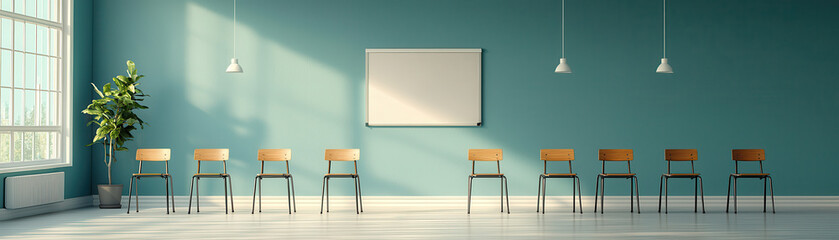 modern classroom with wooden chairs, green wall, and natural light. space is designed for learning, featuring whiteboard and potted plant, creating welcoming atmosphere