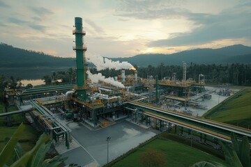 Fototapeta premium Industrial Power Plant with Smoke Emissions at Dawn Surrounded by Lush Greenery and Mountains