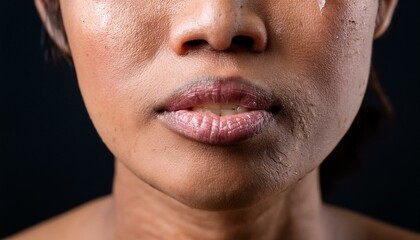 Fototapeta premium Portrait of a woman. Dry, chapped, peeling lips -dry skin problem with mouth disease 