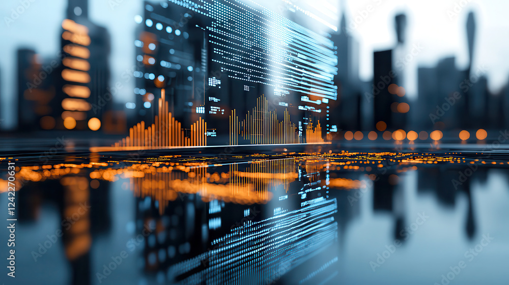 Poster futuristic urban waterfront scene with digital data visualization and reflections. vibrant colors an