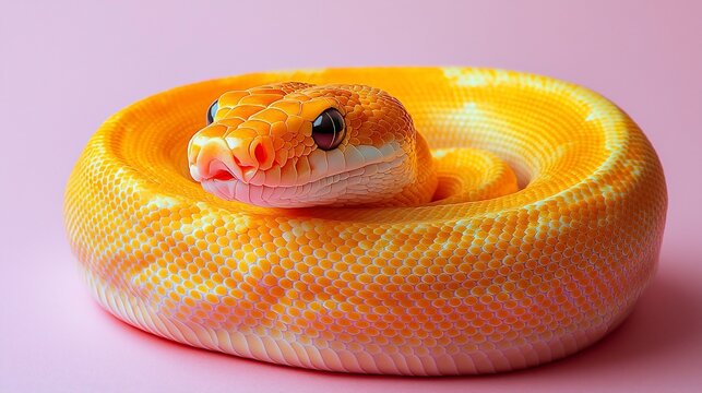 A vibrant yellow and white ball python resting on a soft pink background, showcasing its unique texture