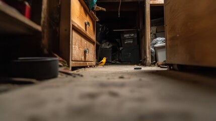 Small Yellow Bird Inside a Rustic, Dimly Lit Storage Area