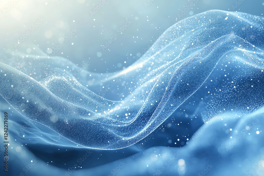 Poster a soft blue wave background, gently curving and sparkling with light, creating a peaceful and dynami