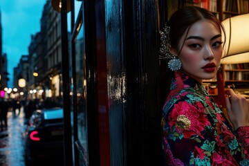 Fototapeta premium Fashionable Asian woman posing with stylish floral dress on a rainy street at night, surrounded by city lights