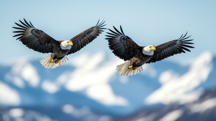 Obraz premium World Wildlife Day concept. Majestic Bald Eagle Soaring Over Mountain Range with Dramatic Sky