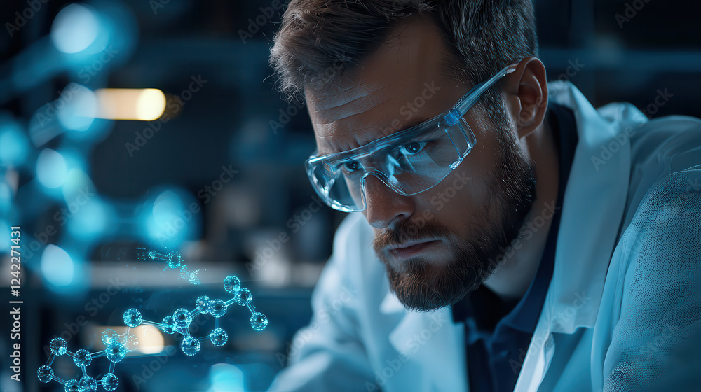 Poster biotech scientist analyzing holographic dna strand in laboratory, focused on research and innovation