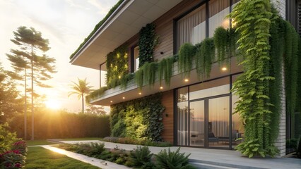 Fototapeta premium Modern Green Eco Friendly House Exterior at Sunset with Lush Vertical Gardens