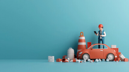 businessman in hard hat stands on broken down car surrounded by construction materials and traffic cones, checking his phone with concerned expression