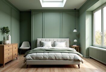 16K Scandinavian Bedroom Interior: Sage Green Walls, Light Oak Floor, Upholstered Bed, Quilted Bedding, Skylight, Minimalist Decor, Natural Light, Paneling Accent, Ultra-Realistic.
