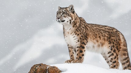 Obraz premium World Wildlife Day concept. Snow Leopard Stands Watchfully on Rocky Mountain Peak Surrounded by Snow