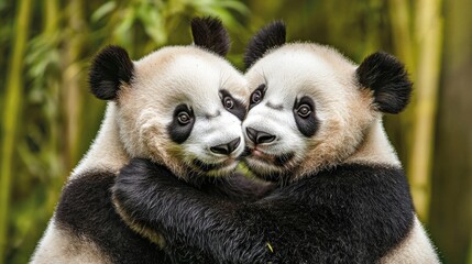 Obraz premium World Wildlife Day concept. Two Adorable Pandas Playfully Interacting in a Bamboo Forest
