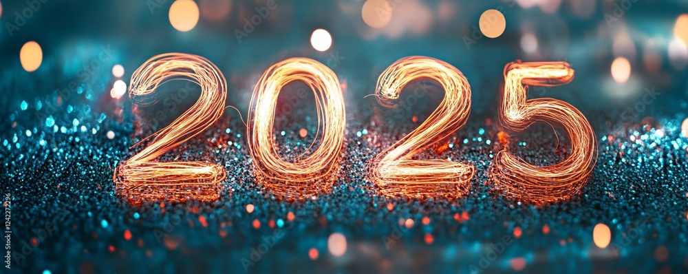 Poster 2025 written with sparklers on shiny background for new year celebration