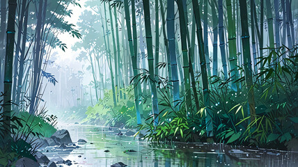 Fototapeta premium Raining in a bamboo forest - Anime aesthetic wallpaper