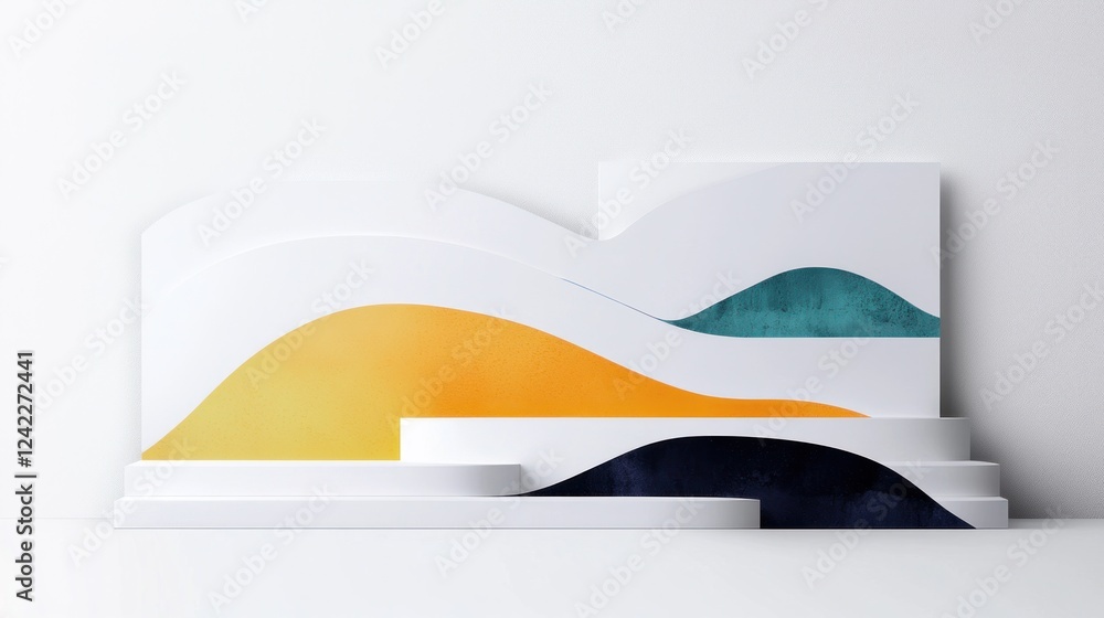 Poster abstract colorful wave forms on white display platform