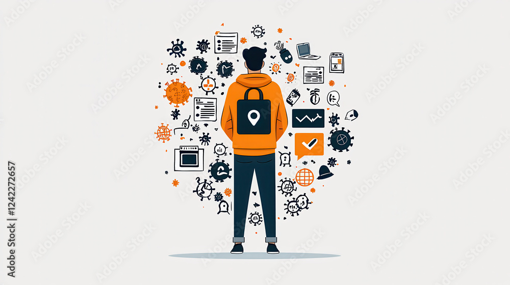Fototapete digital security breach illustration featuring hacker with backpack, surrounded by icons representin