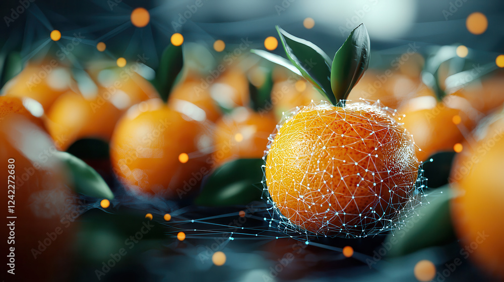 Poster Digital twin model of oranges with neural network visualization, showcasing exotic fruits in futuristic setting. vibrant colors and intricate details create captivating scene