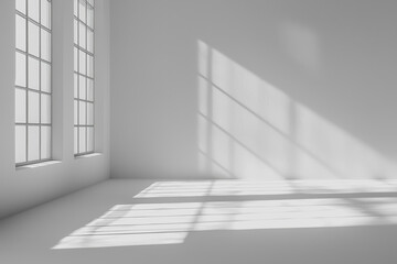 Fototapeta premium Bright room interior with a large window allowing natural light to illuminate the space and cast shadows on the floor
