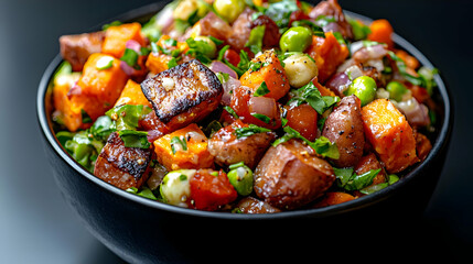 Roasted sweet potato salad with peas, herbs