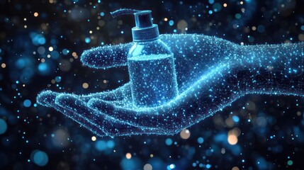 Hand holding sanitizer bottle, digital art.