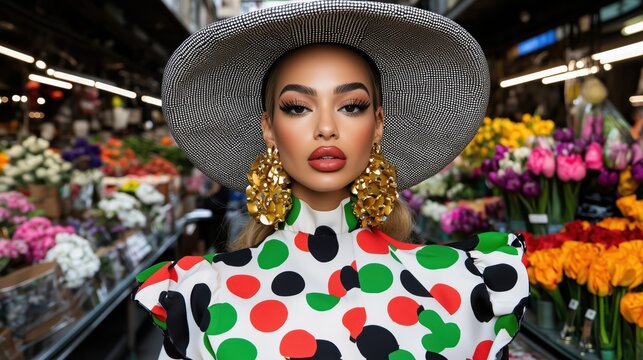 Fashionable Woman in Bold Polka Dot Dress and Large Hat with Statement Earrings in Flower Market