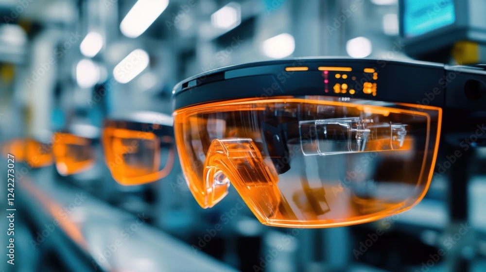 Poster conveyor belt transporting multiple augmented reality glasses during production in a high tech manuf