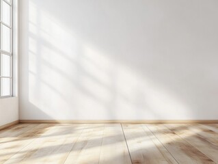 Sunlit empty room with white wall and light wood floor.