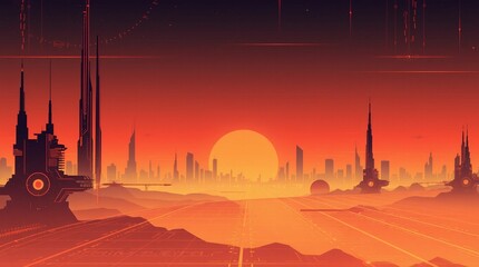 Naklejka premium Futuristic landscape at susnset