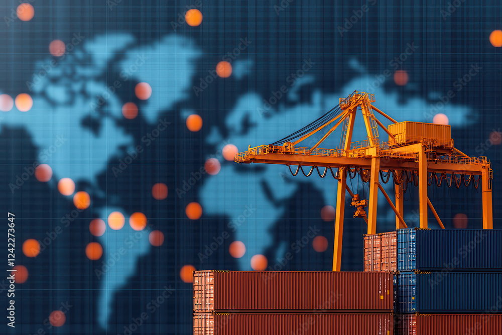 Aufkleber global shipping port with crane and containers against world map background. vibrant colors and intr