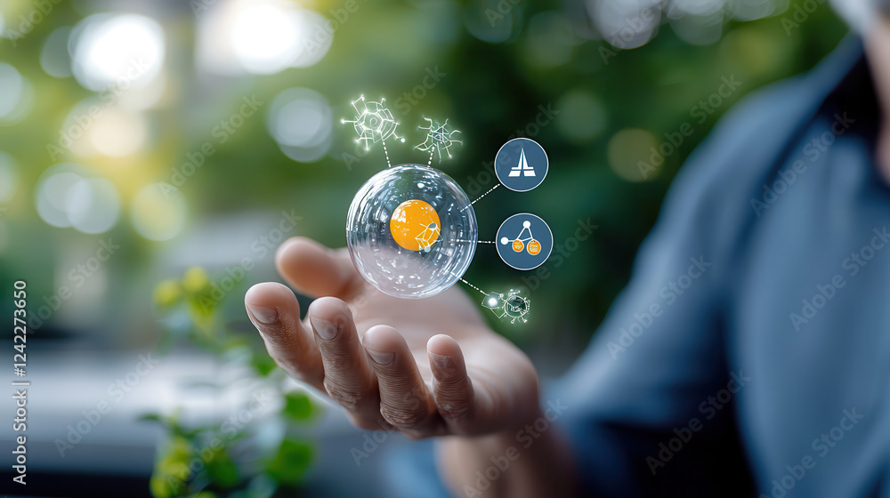 Poster person holding futuristic hydrogen molecule with icons representing energy and science. setting is bright and green, symbolizing innovation and sustainability