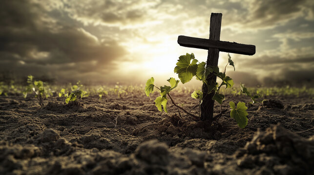 An image where a single, vibrant vine grows around a stark, wooden cross, symbolizing life through death