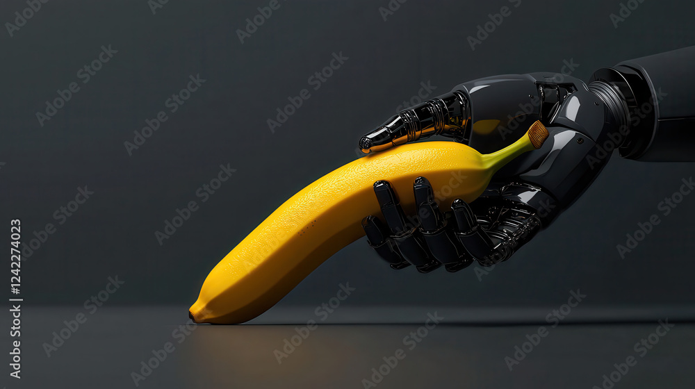 Poster robotic hand delicately holds digital banana, showcasing advanced technology and machine learning. c