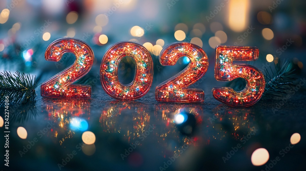 Poster 2025 new year illuminated sign with sparkling bokeh lights and fir branches