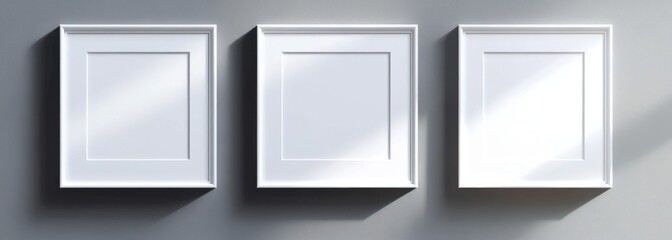 Three blank white frames on a gray wall. (1)