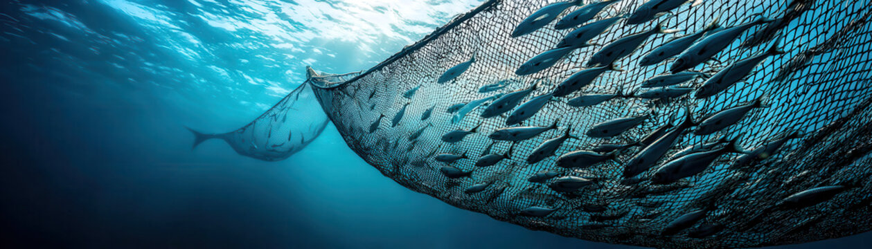 Underwater perspective of fish farming nets filled with fish, showcasing intricate details of aquaculture. serene blue water enhances scene tranquility and beauty