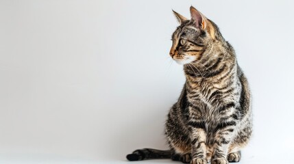 Obraz premium Studio portrait of a sitting tabby cat looking forward against a white back ground.