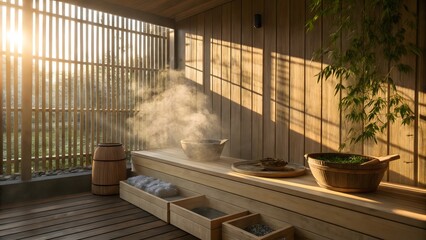 Serene Outdoor Sauna with Wooden Interior Steam and Natural Light