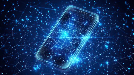 Futuristic smartphone glowing with digital network connections.