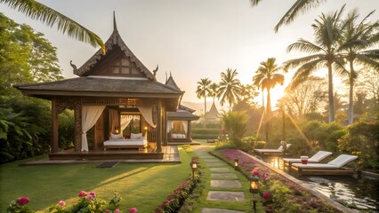 Fototapeta premium Luxurious Tropical Villa Sunrise Private Pavilion Pool and Lush Gardens