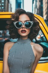 Close-up of a stylish woman wearing oversized sunglasses and a halter-neck dress, posed next to a...