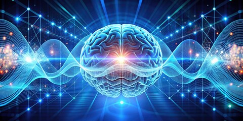 Naklejka premium Abstract Brain Wave Concept on Blue Background - Technology, Neural Networks, Digital Art, Cognitive Science, AI Visualization, Futuristic Design,