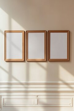 Naklejki Three empty wooden frames on a beige wall.