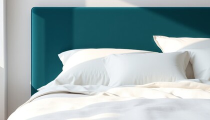 Teal Velvet Headboard and Crisp White Bedding in Bright Bedroom