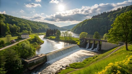 Fototapeta premium Serene River Dam Landscape Majestic Waterfall Green Hills Sunny Day