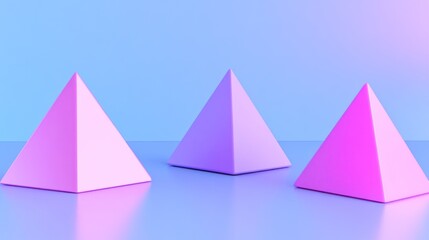Three pastel pyramids on a reflective surface.
