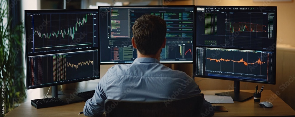 Leinwandbilder financial analyst working with multiple monitors showing graphs and charts
