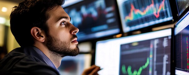 Focused stock trader analyzing charts on multiple computer screens