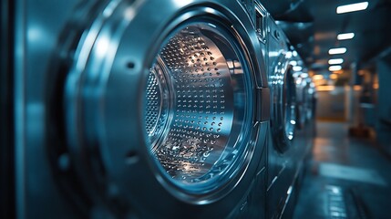 Close-up view of industrial washing machines in a modern laundry facility, showcasing sleek design and functionality